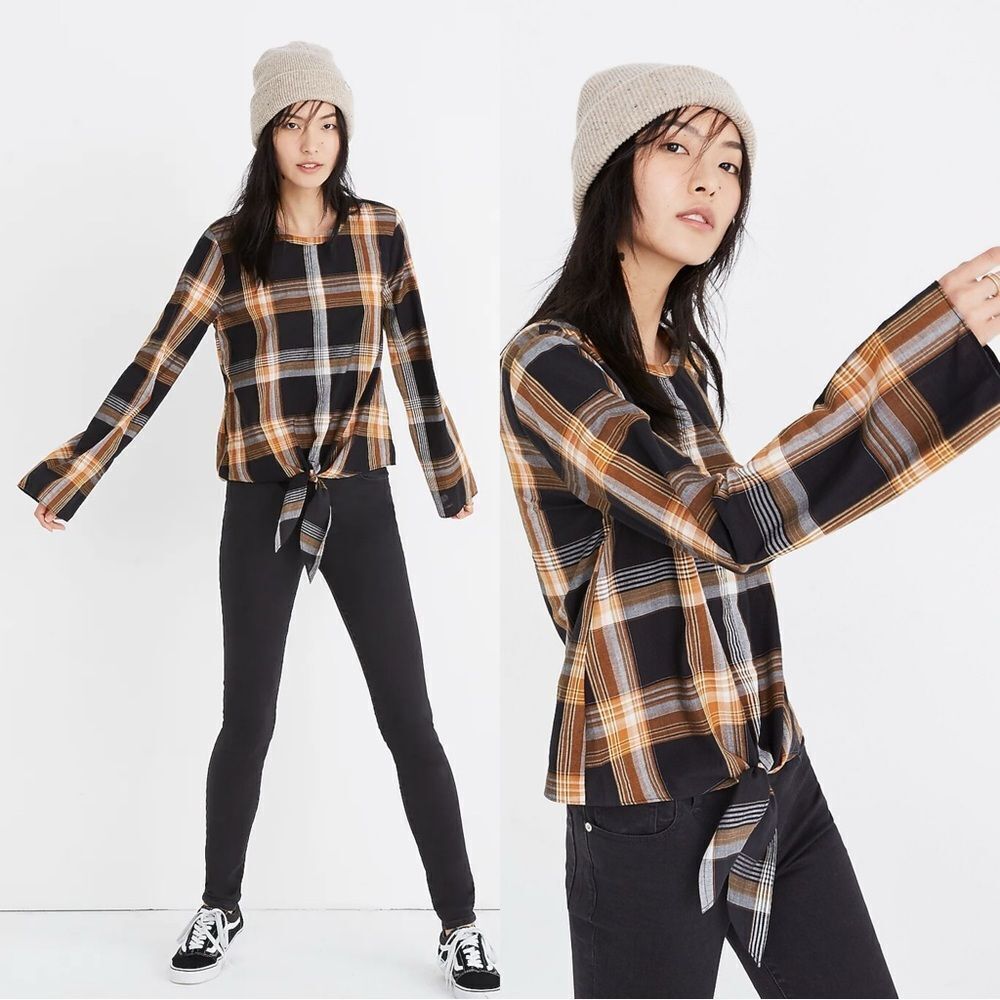 Madewell Plaid Tie-Front Keyhole Top Blouse Black Orange 100% Cotton Size M